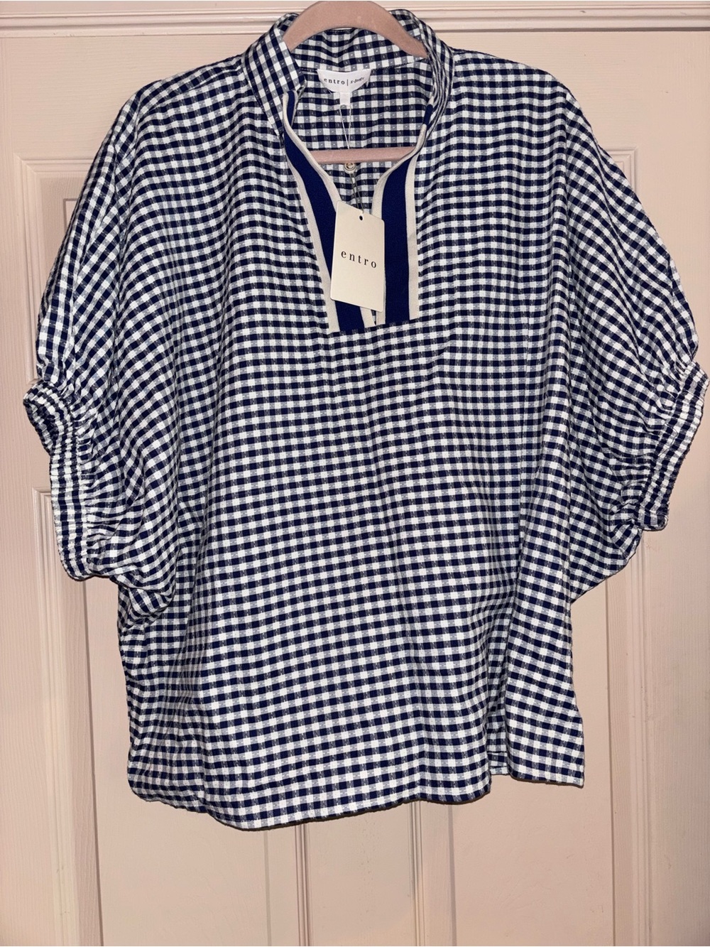 Entro Navy & White Gingham Dolman Sleeve Women's Top XL NWT Hard to Find!!